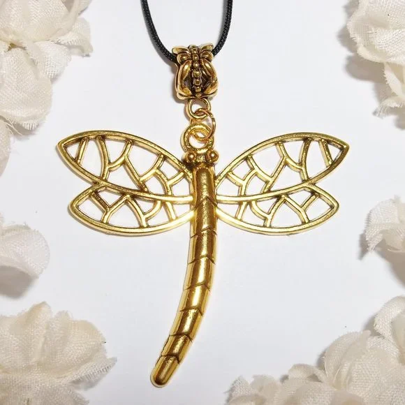 Large Gold Dragonfly Necklace Statement Gift Idea Big Adjustable Length NWT 7282 - Picture 1 of 11